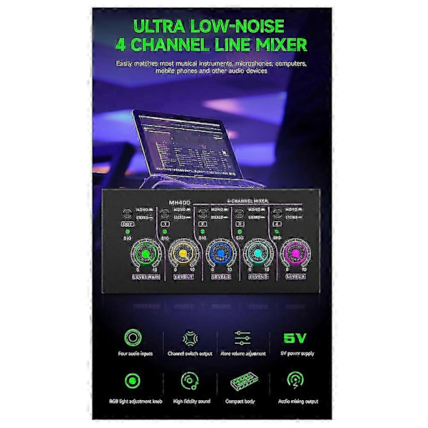 Mini 4-kanals Ultra Lavt Støy Stereo Mikser for Mikrofon & Gitar - MH400 (EU-Plugg)