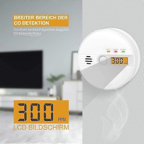 Kolmonoxidvarnare CO-larm med testknapp och digital display, 85dB alarm