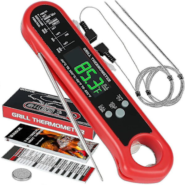 3-i-1 Digital Kötttermometer, Snabbavläst Mattermometer Med 2 Löstagbara Trådbundna Prober, Kalibrering, Alarmfunktion, LCD-Bakgrundsbelysning För Grillning