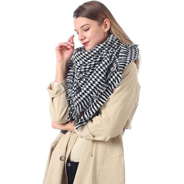 Dam Scarf Svart och Vit Rutmönster Stor Rutig Akryl Ull Lång