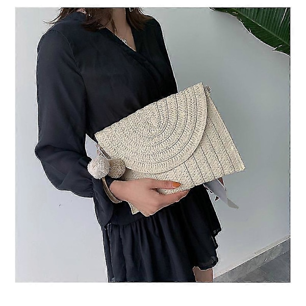 Strå Crossbody Veske, Strå Clutch Dame Skulderveske Dame Clutch Crossbody Veske Håndlaget Sommer 1 stk beige