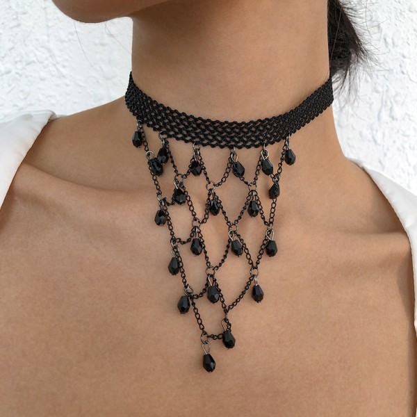 #1 stycke svart spetshänge pärlhalsband Gotisk tofs blomma ihåligt halsband Smycketillbehör för kvinnor och flickor#