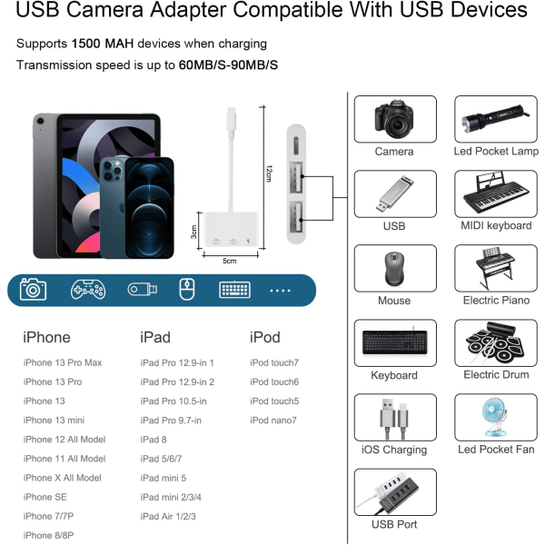 iPhone USB -kamera, 3 i 1 iPhone USB adapterbelysning USB OTG Fe