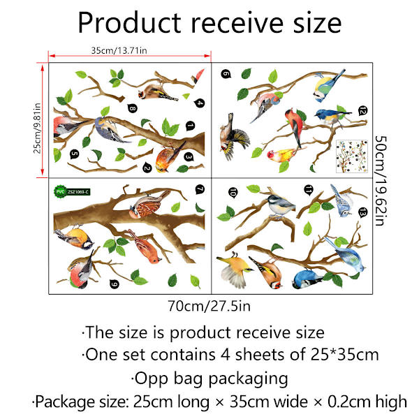 Sæt af 2 Twig Birds Vægsticker Aftagelig Akvarel Vægkuns D