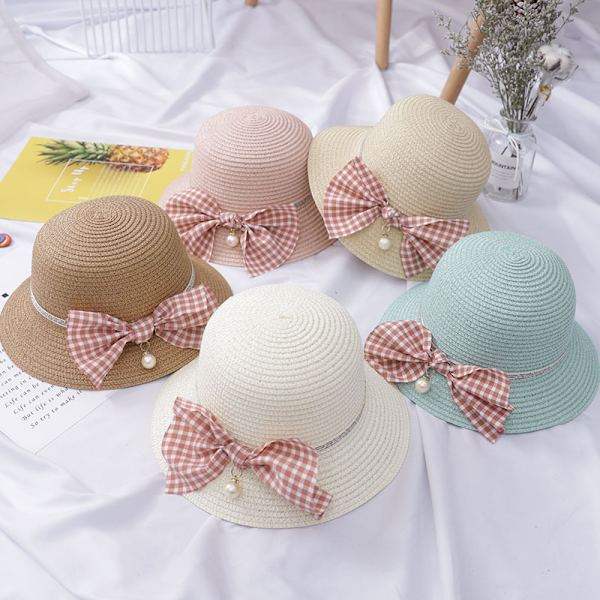 #Flickors stråhattar och liten väska set med rosettdekoration Barn sommar solhatt för strandresor vandring#