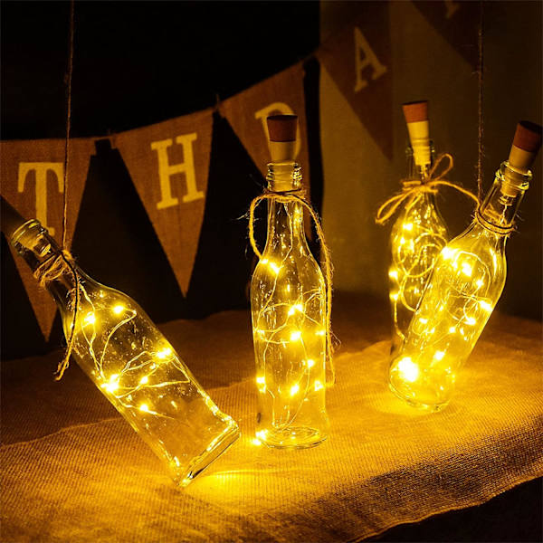 #15 LED-flasker med snor, 2M 20 LED'er, Korklamper til Vin