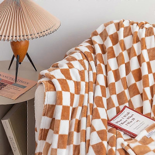 Blødt og Hyggeligt Flanel Plaid Tæppe med Ternet Gitterprint og Gingham Mønster til Seng, Sofa, Alle Årstider (Khaki, 70*100cm)