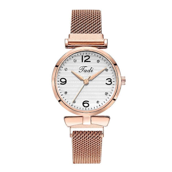 Magnetklokke for kvinner, diamantarmbåndsur, roségull med hvit urskive