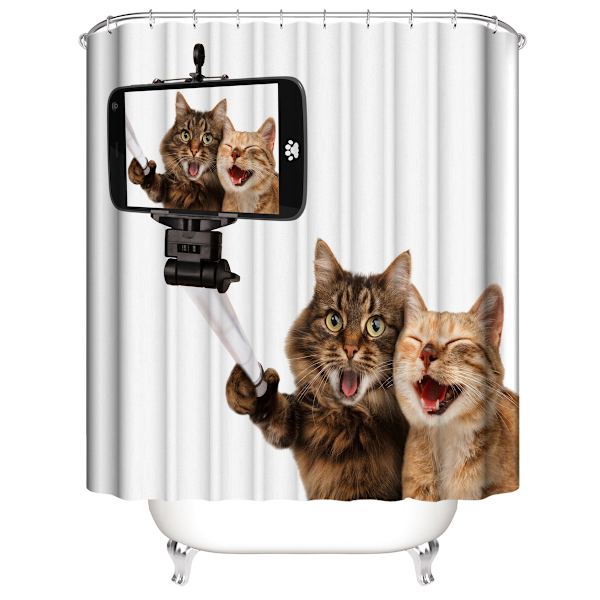 #Søt Katt Selfie Polyester Dusjforheng-180*180CM#