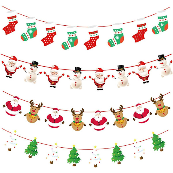 Julepynt Hengebunting Garland, 4 Papirbanner til Vindu, Fi