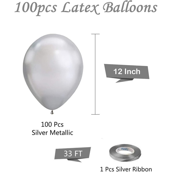 Silver Metallic Chrome Latex Ballonger, 100 Pack 12 tum Round Hel