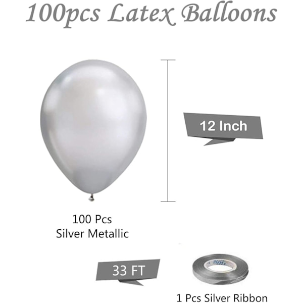 Sølv Metallic Chrome Latex Balloner, 100 Pakke 12 tommer Runde Helium