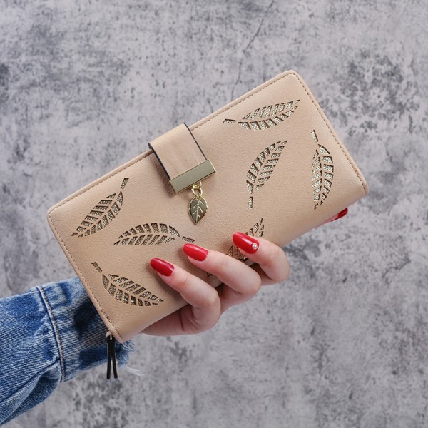 Khaki Color - Women's PU Leather Wallet with Cutout Leaf Pendant