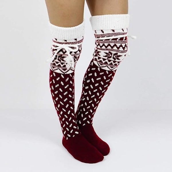 #Dames Bambus Knæhøje Strømper - Bourgogne, Snefnug Jule-So#