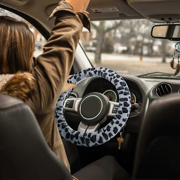 Universal Passform Päls Bilratt Skydd, Leopard Vinter Varmt Fluffigt Fordonsrattsskydd för Bil, SUV