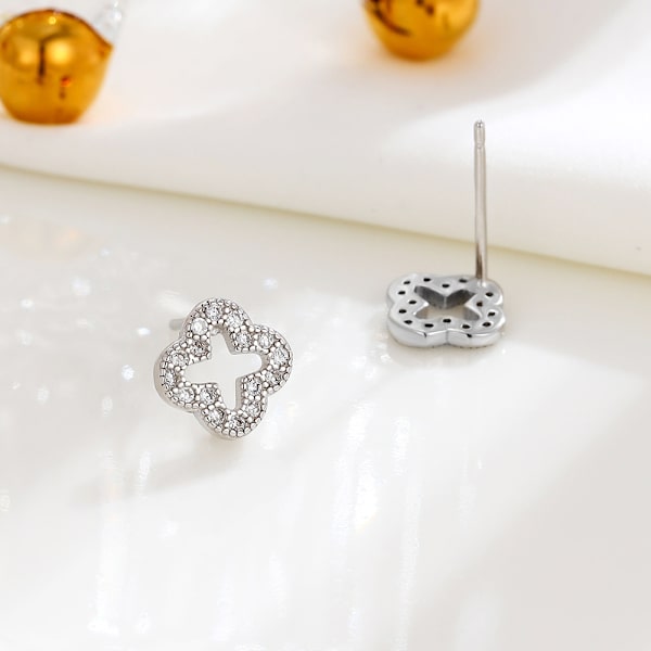 #S925 fuld diamant hul firkløvere øreringe#