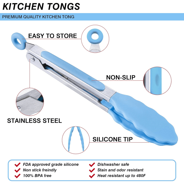 Sett med mini silikon serveringstang 7 tommer 7 tommer blå