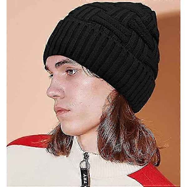 Strikket hue Herre vinterhue varm beanie hue med fleeceforing sort