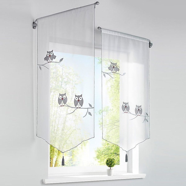 1 Styck Avdelningsgardin BxH/40x90CM i Transparent Polyester Grå Ugglebroderi med Pompom Korta Gardiner Fönsterdekoration