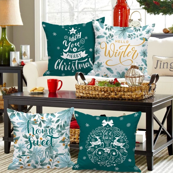 #Sett med 4 juleputetrekk 45 x 45 cm (Teal), God Jul#