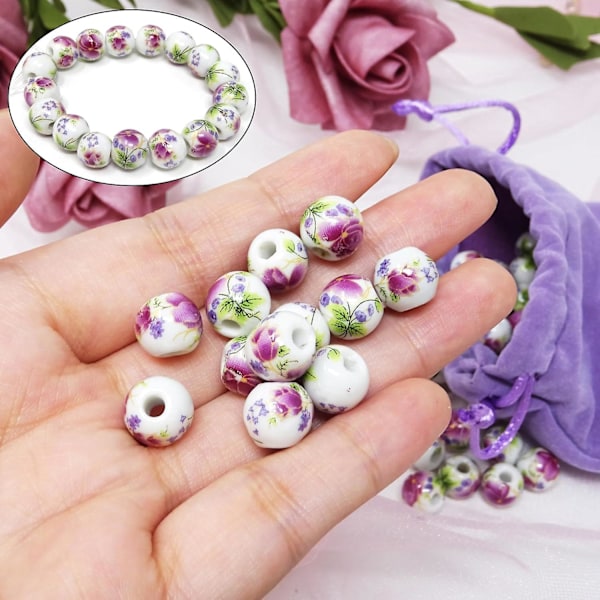 100 stk. 10 mm keramiske perler, håndlavede porcelænsblomster, runde perler, afstandsstykkeperler med 1 stk. snørepose til smykkefremstilling og gør-det-selv-håndværk
