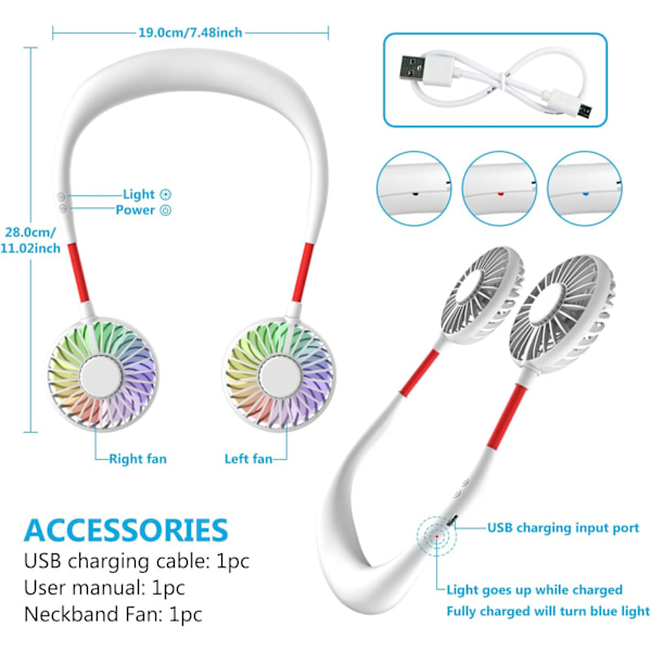 Vit - Halsfläkt, Bärbar Fläkt, Mini USB-fläkt, Laddningsbar Porta