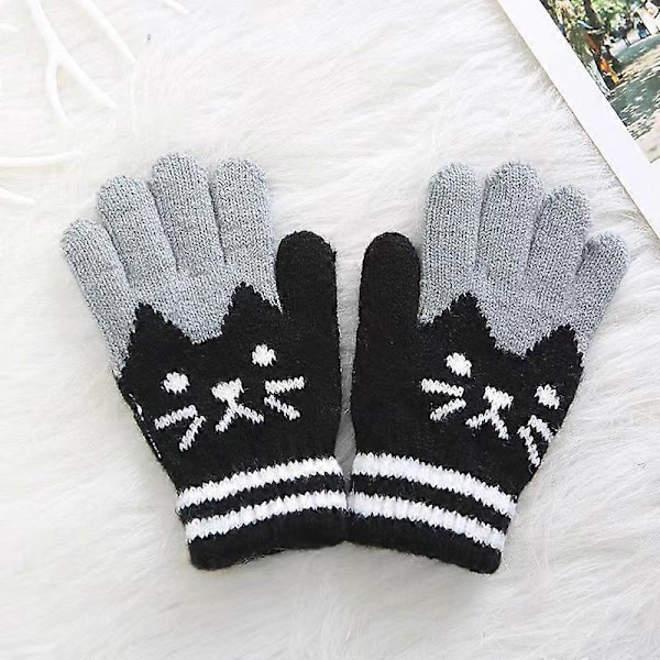 Vinter Barnhandskar Söta Fuskullsvantar Tjock Plysch Pojke Flicka Handskar 5-Finger Sött Kattmönster Varma Handskar Anti-Förlorade Vantar, Svart, 15*9cm