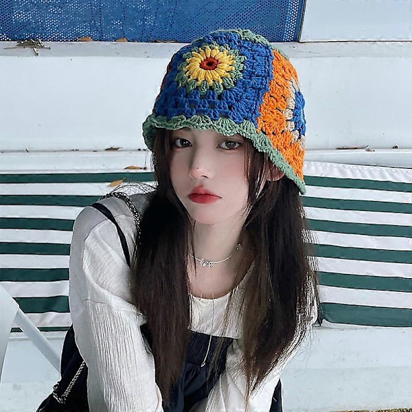 Blommiga stickade bucket hats mössor för kvinnor, handgjorda virkade hattar cloche stickad mössa