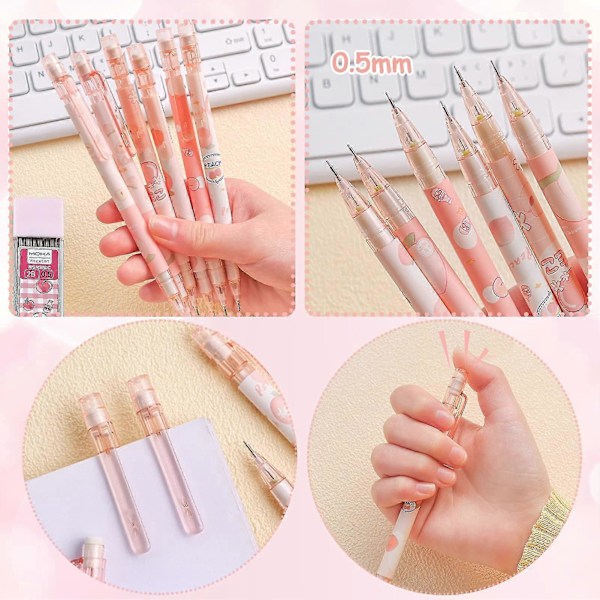 6 stk. Mekanisk blyantsett 0,5 mm Hb Automatisk blyant rosa