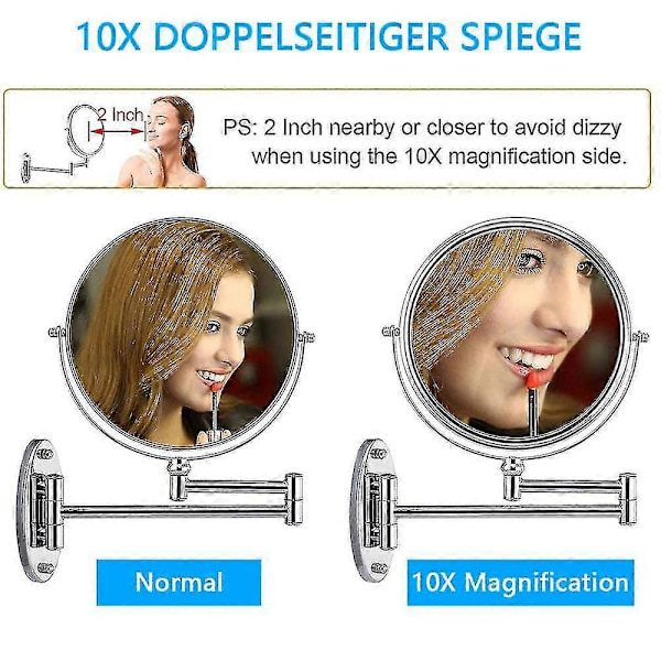 Vægmonteret Makeupspejl, 10x Forstørrende Tosidet LED Belyst Vanity Spejl Til Badeværelse, 360 Graders Drejelig, USB Genopladelig Og 7 Tommer Udtrækkelig Arm, ch