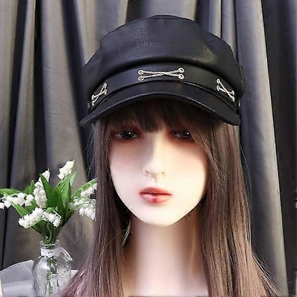PU Læder Dame Newsboy Kasketter, Beret Hat med Skygge til Moderigtige Damer Piger, Litterær Cool Malerkasket Sort