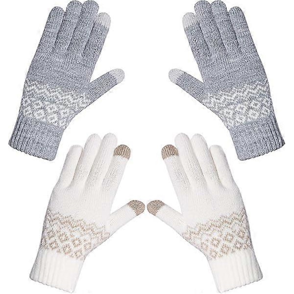 Par Dame Vinter Varme Touch Screen Handsker Strikket Blødt Mønster - Hvid/Grå - One Size, 21*12CM