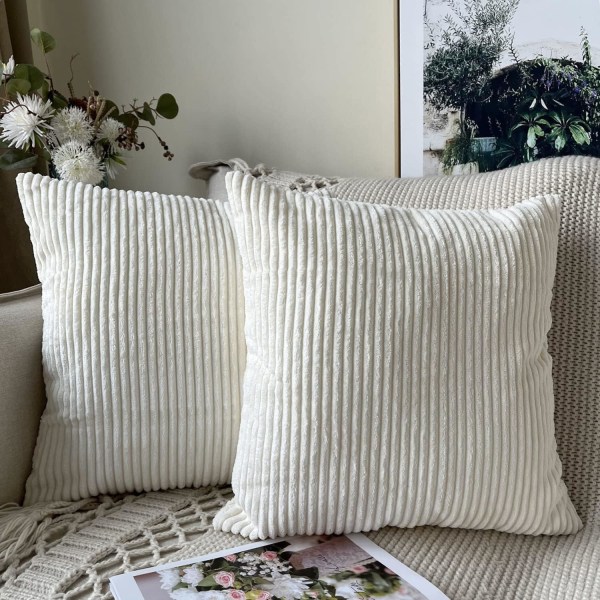 (45 x 45 cm, WHITE) Corduroy Cushion Cover, Set of 2 Decorative P