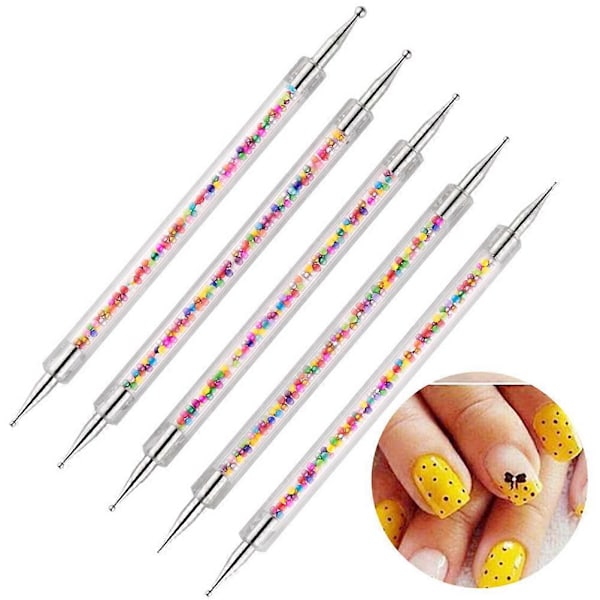 5 st Manikyr Nagelkonst Verktygsset Akryl Rhinestones Plockare Dubbelsidig Dotting Penna för Manikurist (Färgglad)