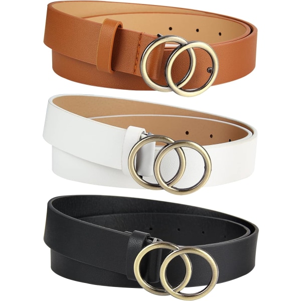 3 Pieces Round Buckle PU Leather Belt, Women Leather Buckle Belt