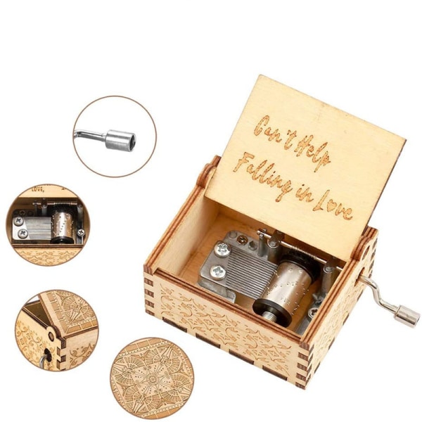 Miniatyr Trälåda med Musik, Handgraverad Vev för Jul, Va