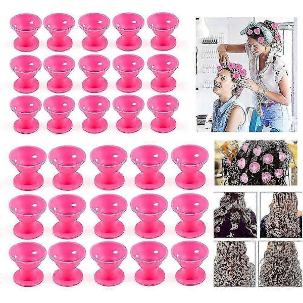 Hårcurlere til natten over, 30 stk. silikone hårcurlere, hårcurlere uden varme, silikone magiske gør-det-selv ruller til hårstyling, 2 størrelser (pink)