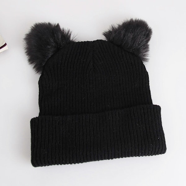 Dame Strikket Lue Katteører Vinter Varm Lue Huer Elastisk Strikket Skilue med Dun og Broderi for Voksne Jenter, M (56-58cm)