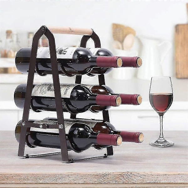Vinstativ til bordplade, bordplade vinstativ i træ til 6 flasker vin, 3-lags klassisk design, vinstativ i træ og metal