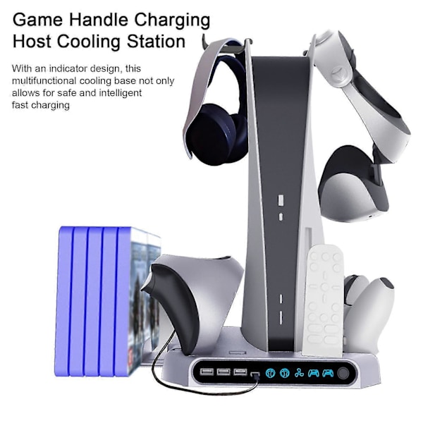 Konsoll Ladestasjon Disk Lagringsstativ 4 Base Multifunksjonell Spillkonsoll Rask Kjølestativ med Headset Krok for PS VR2/PS5
