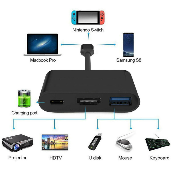 (svart) 4K 1080 HDMI-adapter för switch, 3-i-1 USB 3.0 PD Multip