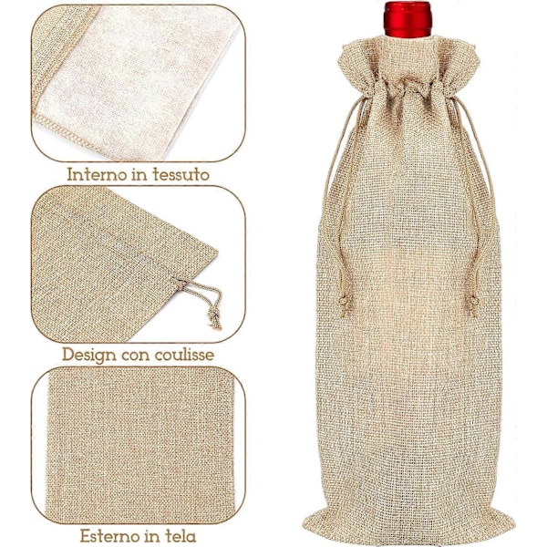 12 stk. Jute Vinpose med Snøring - 15X 35cm, Gjenbrukbar for Vinflaskedekorasjon