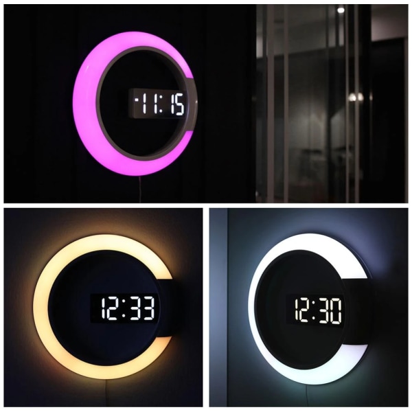 3D LED veggklokke Digital bordklokke Alarm Speil Hult Wa