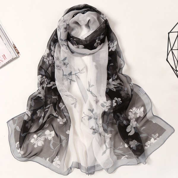 /#/Et 160 × 50 cm to-farvet blomstermønstret sort og hvidt tørklæde i silke til kvinder/#/