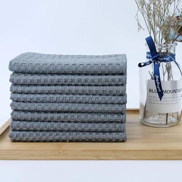 #(Grå 30x30 cm) 8 Ultra Premium Mikrofiber Køkkenhåndklæder - Hånd/Opvask - Honningkamstof#