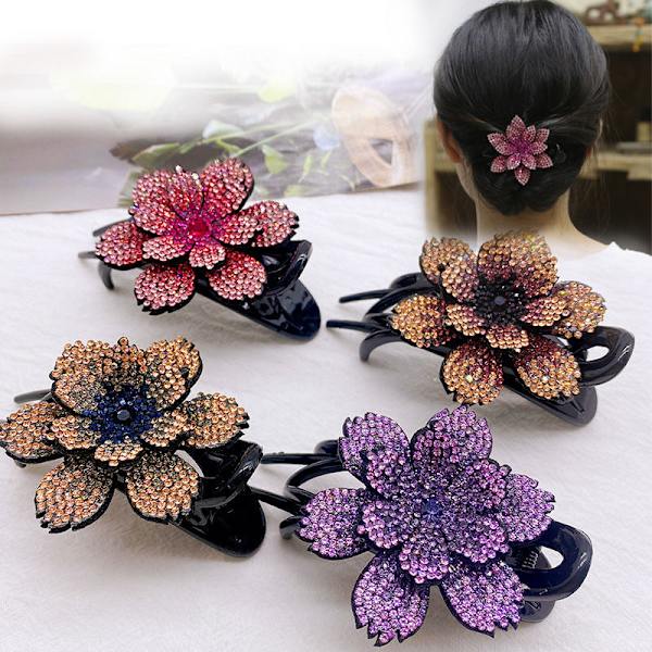#4 stk Dobbel Blomst Hårklipp Rhinestone Hårnål Rhinestone Hårklipp Blomster Rhinestone Hårklipp for Kvinner Jente (4 Farger)#