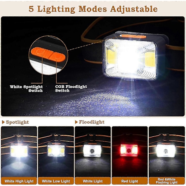 Kraftig hodelykt [2 stk], USB-oppladbar LED-hodelykt 200 lumen 5 lysmoduser hvitt og rødt lys, IPX5 vanntett