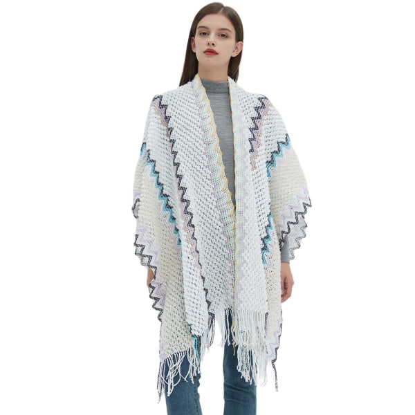 #Ethnic style slit tassel white knitted shawl 150x105cm#