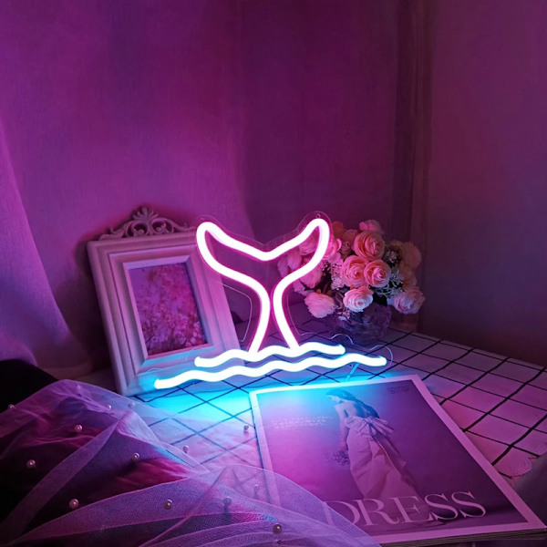 Neon-skylt med sjöjungfru-svans och våg för väggdekoration i sovrummet