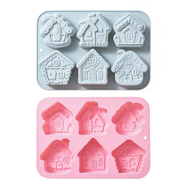 #2 stk. kakeformer i husform, rosa og blå#